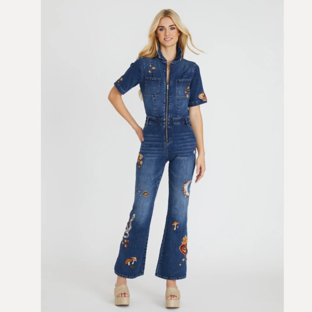 Free People Driftwood Hallucination Embroidered Flare Denim Jumpsuit Heart Moon